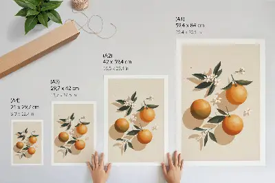Art print with juicy oranges, green leaves, and white flowers