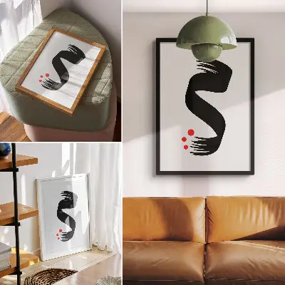 Premium wall art black shape and red circle on a light background