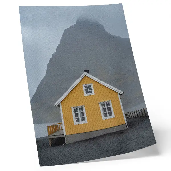 Premium wall art minimalist yellow house and mountain landscape representing peace