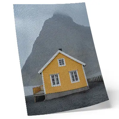 Premium wall art minimalist yellow house and mountain landscape representing peace
