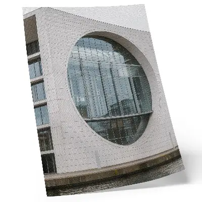 Art print futuristic facade with strict lines and a glass structure