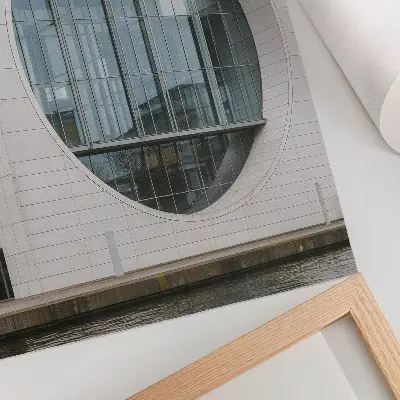 Art print futuristic facade with strict lines and a glass structure