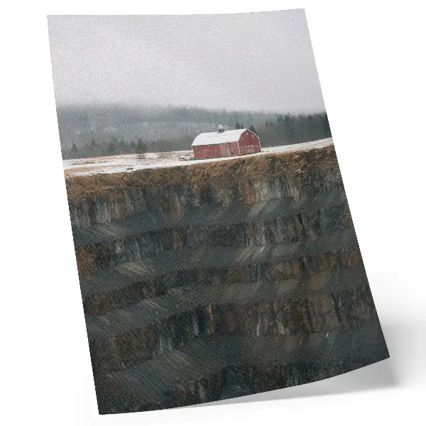 Premium wall art barn by the slope during a foggy winter landscape in the forest