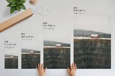 Premium wall art barn by the slope during a foggy winter landscape in the forest