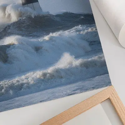 Poster waves hitting the lighthouse featuring high contrast power of nature imagery