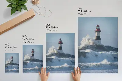 Poster waves hitting the lighthouse featuring high contrast power of nature imagery