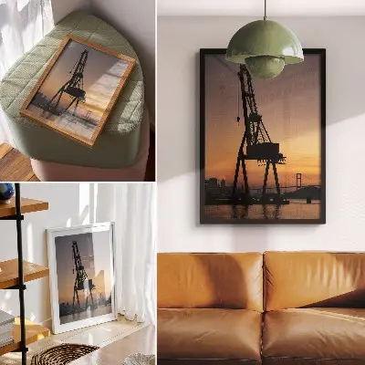 Premium decorative wall art industrial crane silhouette at sunset on a bridge
