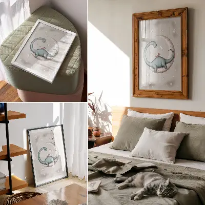 Premium wall art dinosaur on the moon with pastel stars in space