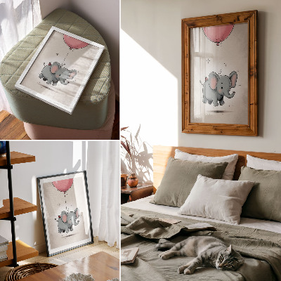 Decorative poster Elephant with a balloon children's joy pink