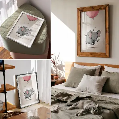 Decorative poster elephant with a balloon in pink for children