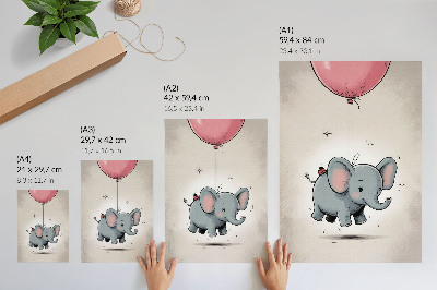 Decorative poster Elephant with a balloon children's joy pink