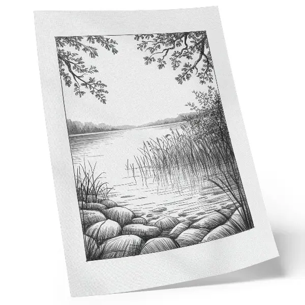 Decorative poster landscape with lake, leaves, and stones representing harmony and silence