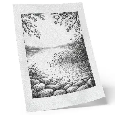 Decorative poster landscape with lake, leaves, and stones representing harmony and silence