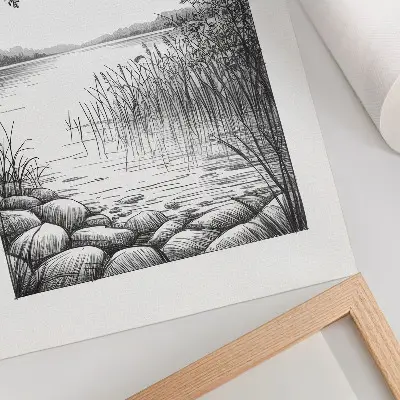 Decorative poster landscape with lake, leaves, and stones representing harmony and silence