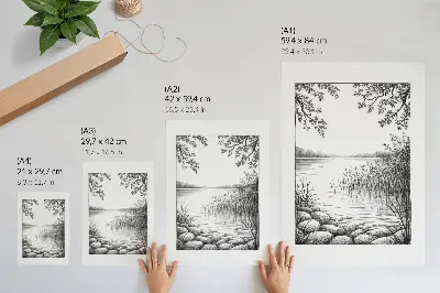 Decorative poster landscape with lake, leaves, and stones representing harmony and silence