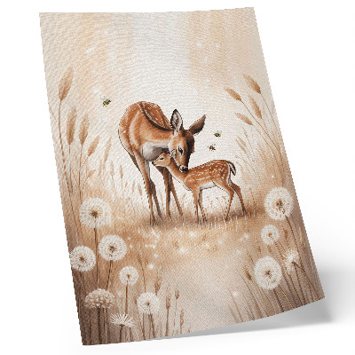 Art print Roe deer with fawn, brightly colored flowers
