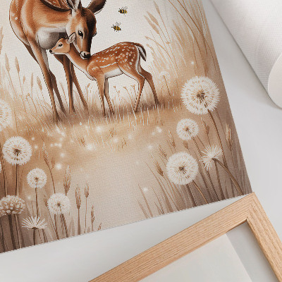 Art print Roe deer with fawn, brightly colored flowers