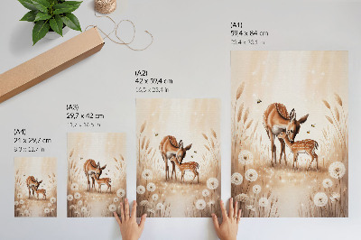 Art print Roe deer with fawn, brightly colored flowers