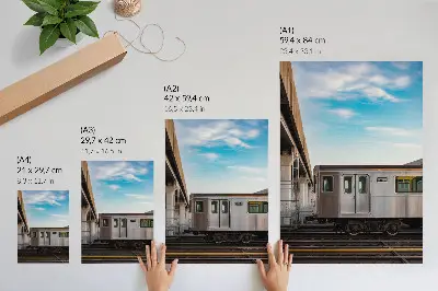 Modern train and bridge wall art sky blue cat design