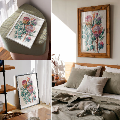 Poster Exotic protea flowers green leaves