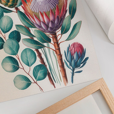 Poster Exotic protea flowers green leaves