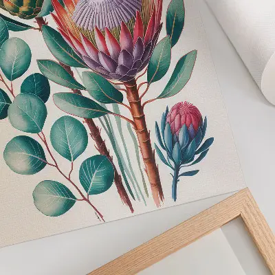 Poster with exotic protea flowers and green leaves