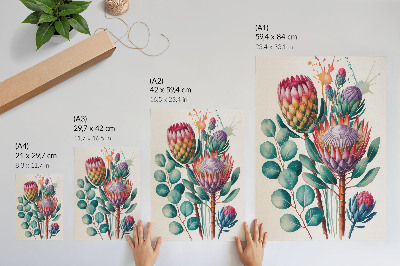Poster Exotic protea flowers green leaves