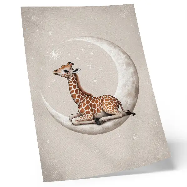 Premium wall art featuring a cartoon giraffe on the moon surrounded by stars