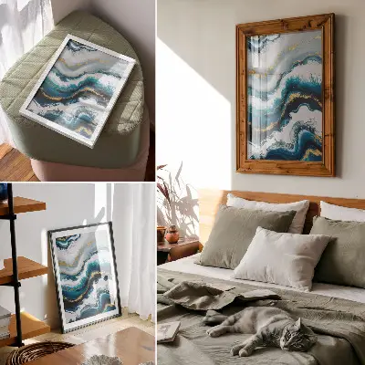 Decorative poster turquoise waves with gold accents and a modern style