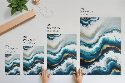 Decorative poster turquoise waves with gold accents and a modern style