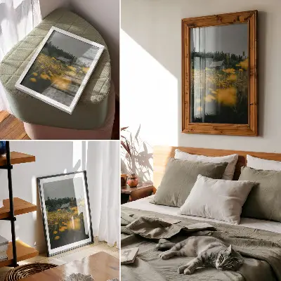 Premium wall art rustic cottage forest with yellow flower blur