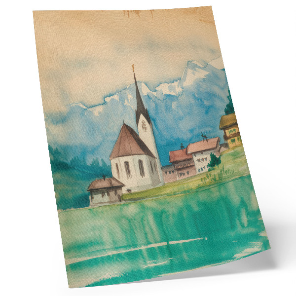 Decorative poster Church in the mountains watercolor peace nature