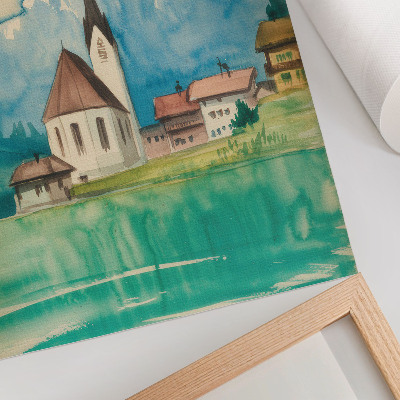 Decorative poster Church in the mountains watercolor peace nature