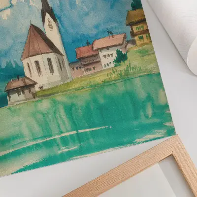 Decorative poster featuring a watercolor illustration of a church in the mountains