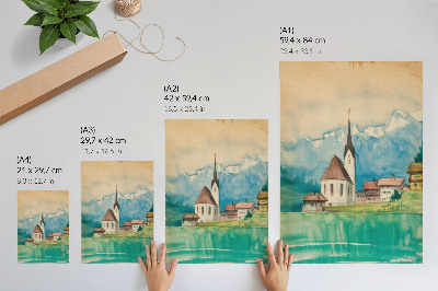 Decorative poster Church in the mountains watercolor peace nature