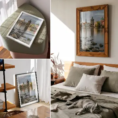 Decorative poster A picturesque city panorama with a bridge over the river