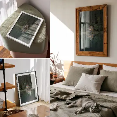 Poster mountain hut with a nature reflection view