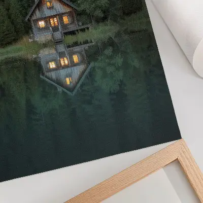 Poster mountain hut with a nature reflection view