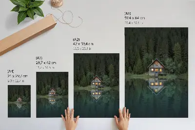 Poster mountain hut with a nature reflection view