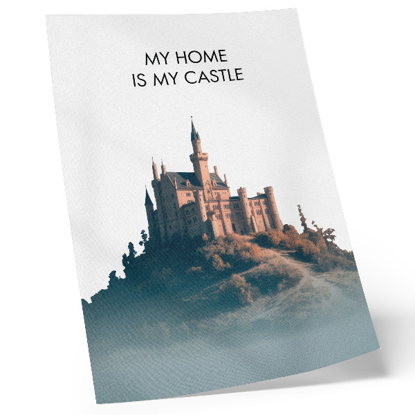 Poster Castle on a hill with fog and text