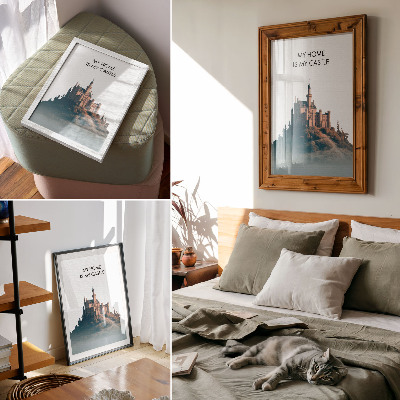 Poster Castle on a hill with fog and text