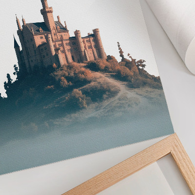 Poster Castle on a hill with fog and text