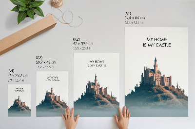 Poster Castle on a hill with fog and text