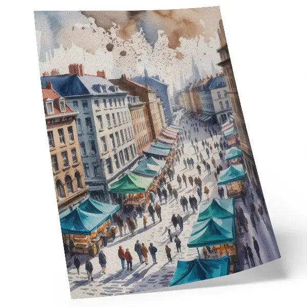 Art print colorful urban scene with people and stalls in watercolor