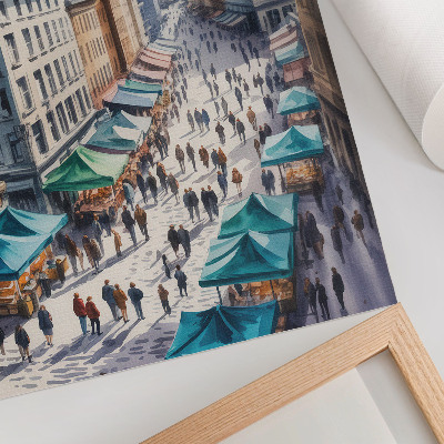 Art print Colorful urban scene, people, stalls, watercolor