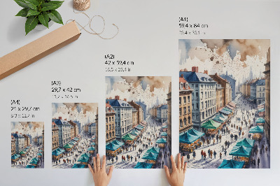 Art print Colorful urban scene, people, stalls, watercolor