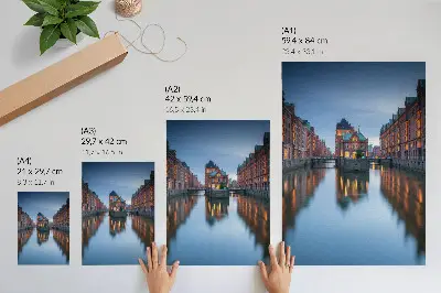 Decorative poster featuring symmetrical architecture and water reflections