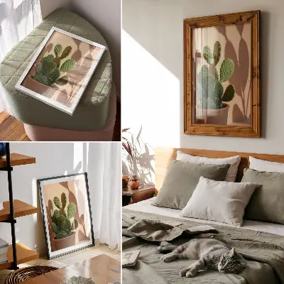 Poster cactus in a pot with soft shadows in delicate calming colors