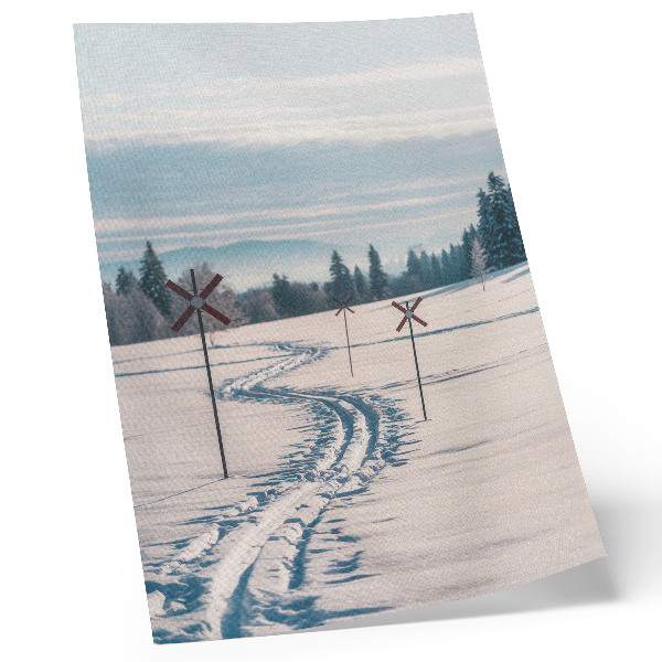Poster Winter landscape, ski tracks, mountains, trees, sky