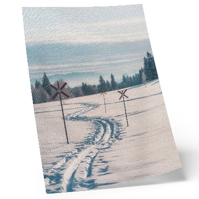 Poster Winter landscape, ski tracks, mountains, trees, sky